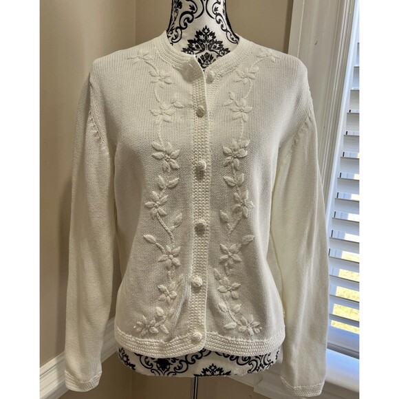Vtg Lands' End Cotton Floral Embroidered Cardigan Sz S Ivory Classic Cottage - Picture 1 of 12